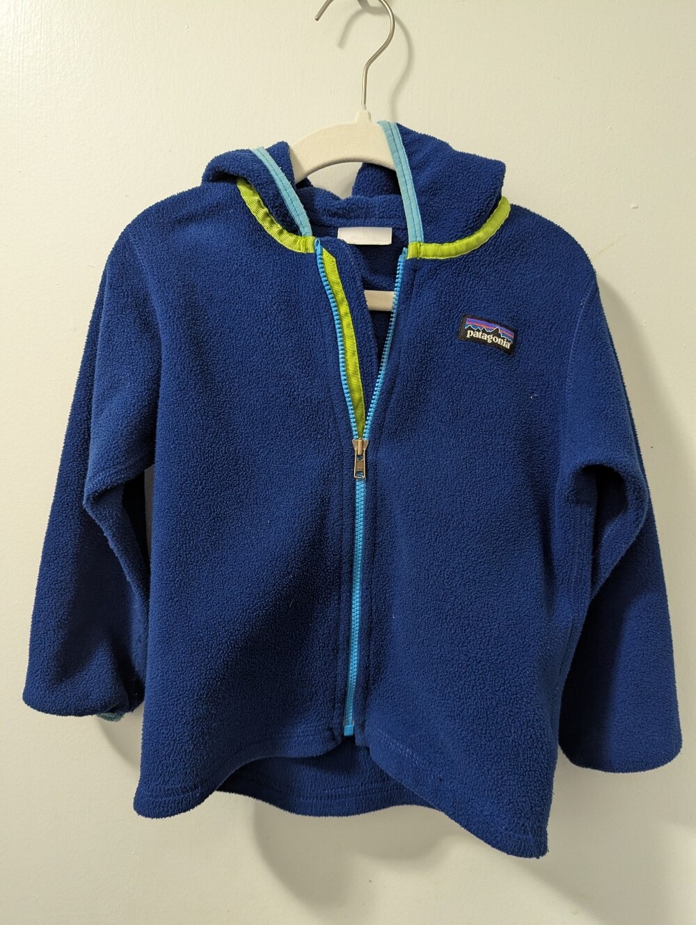Patagonia Blue Hooded Fleece Jacket with Lime Trim